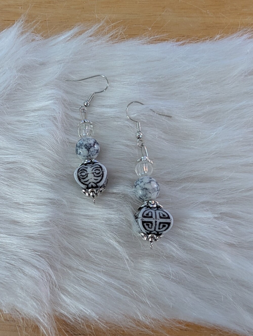 Handcrafted White, Crystal & Blue Stone Drop Earrings With Silver Accents